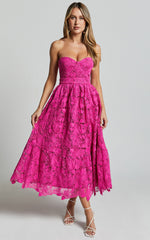 Gabriela Midi Dress - Strapless Lace Dress in Magenta