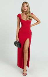Gabrielle Maxi Dress - Cap Sleeve Sweetheart Neck Bodycon Dress in Red