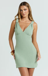 Gabrielle Mini Dress - Knot Strap Detail Mini Dress in Sage