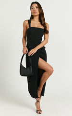 Garcia Midi Dress - Square Neck Wide Straps Fitted Wrap Skirt Dress in Black