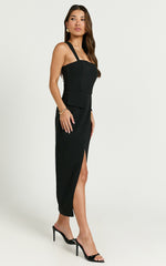 Garcia Midi Dress - Square Neck Wide Straps Fitted Wrap Skirt Dress in Black