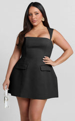 Garrett Mini Dress - Square Neck Fit And Flare Dress in Black