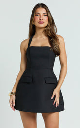 Garrett Mini Dress - Square Neck Fit And Flare Dress in Black