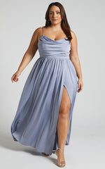 Gemalyn Maxi Dress - Cowl Neck Thigh Split Dress in Sky Blue