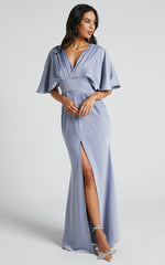 Gemalyn Midi Dress - Angel Sleeve V Neck Split Dress in Sky Blue