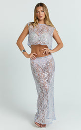 Gemmalyn Two Piece Top and Skirt Set - Sequin Lace Top And A Line Skirt in Pink