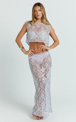 Gemmalyn Two Piece Top and Skirt Set - Sequin Lace Top And A Line Skirt in Pink