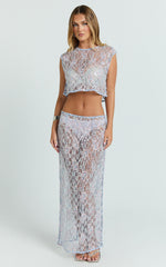Gemmalyn Two Piece Top and Skirt Set - Sequin Lace Top And A Line Skirt in Pink