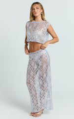 Gemmalyn Two Piece Top and Skirt Set - Sequin Lace Top And A Line Skirt in Pink