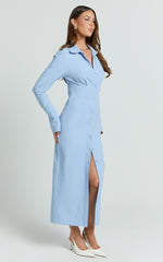 Genevieve Midi Dress - Slim Shirt Dress in Blue