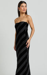 Genevieve Midi Dress - Strapless Stripe Burnout Dress in Black Stripe