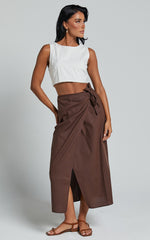 Genna Midi Skirt - Linen Look Wrap Skirt in Chocolate