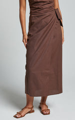 Genna Midi Skirt - Linen Look Wrap Skirt in Chocolate