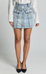 Gennlee Mini Skirt - Cotton Contrast Denim Skirt in Light Wash Blue