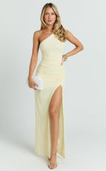 Georgia Maxi Dress - Mesh One Shoulder Ruched Bodycon Dress in Lemon