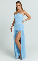 Georgina Maxi Dress - Sequin Strapless Front Split Dress in Blue