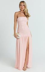 Georgina Maxi Dress - Sequin Strapless Front Split Dress in Pink