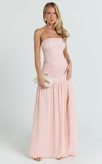 Georgina Maxi Dress - Sequin Strapless Front Split Dress in Pink