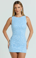 Georgina Mini Dress - Sequin Boat Neck Bodycon Dress in Blue