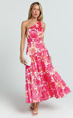 Georgine Midi Dress - One Shoulder Ruched Tiered Dress in Peony Blossom