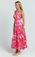 Georgine Midi Dress - One Shoulder Ruched Tiered Dress in Peony Blossom