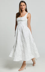 Georgine Midi Dress - Square Neck Fit and Flare Jacquard Dress in Ivory