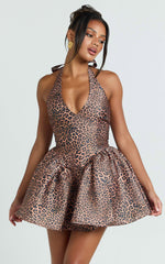 Georgine Mini Dress - Leopard Print Halter Deep V Fit And Flare Dress in Leopard Luxe