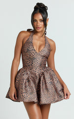 Georgine Mini Dress - Leopard Print Halter Deep V Fit And Flare Dress in Leopard Luxe