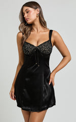 Georgine Mini Dress - Wide Strap Sweetheart Neck Slip Dress in Black