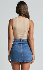 Gertrude Mini Skirt - High Waist Button Through Denim Skirt in Mid Blue Wash