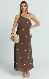 Gia Midi Dress - One Shoulder Dress in Chocolate Polka Dot