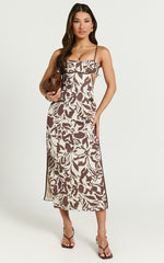 Gibson Midi Dress - Linen Scoop Neck Back Tie Dress in Tonal Stencil Floral