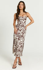 Gibson Midi Dress - Linen Scoop Neck Back Tie Dress in Tonal Stencil Floral