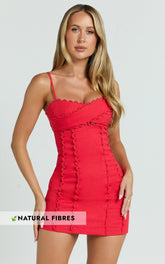 Gigi Mini Linen Blend Dress - Sweetheart Tie Back Scallop Detail Dress in Red