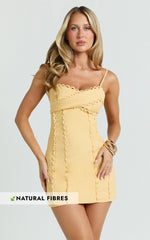 Gigi Mini Linen Blend Dress - Sweetheart Tie Back Scallop Detail Dress in Butter