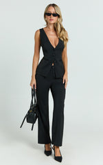 Gilmore Pants - Low Rise Satin Contrast Tailored Pants in Black