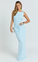 Ginny Maxi Dress - Jersey Ruched V Waist Dress in Blue