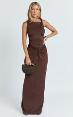 Ginny Maxi Dress - Jersey Ruched V Waist Dress in Chocolate