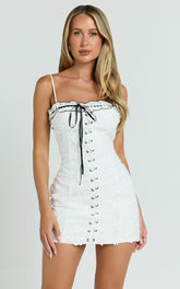 Gisele Mini Dress - Straight Neck Fitted Laced Front Dress in White
