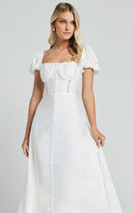Giselle Midi Dress - Puff Sleeve Corset Flare Dress in White