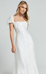 Giselle Midi Dress - Puff Sleeve Corset Flare Dress in White