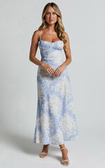 Giselli Midi Dress - Adjustable Strap Ruched Bust Dress in Blue Print