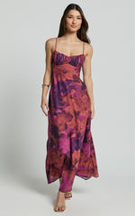 Giselli Midi Dress - Adjustable Strap Ruched Bust Dress in Dark Rose Print