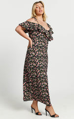 Giulia Midi Dress - One Shoulder Frill Detail Dress in Black Floral
