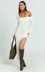 Gladys Maxi Dress - Asymmetric Shoulder Long Sleeve Knit Dress in Cream