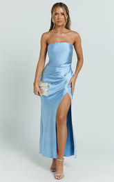 Glenda Midi Dress - Satin Strapless Side Split Dress in Blue