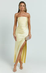 Glenda Midi Dress - Satin Strapless Side Split Dress in Lemon