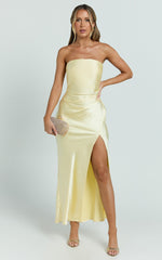 Glenda Midi Dress - Satin Strapless Side Split Dress in Lemon