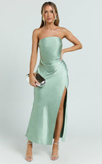 Glenda Midi Dress - Satin Strapless Side Split Dress in Sage