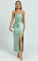 Glenda Midi Dress - Satin Strapless Side Split Dress in Sage